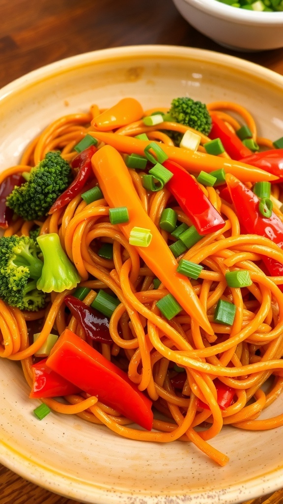 A colorful plate of stir-fried noodles with vegetables, garnished with green onions.